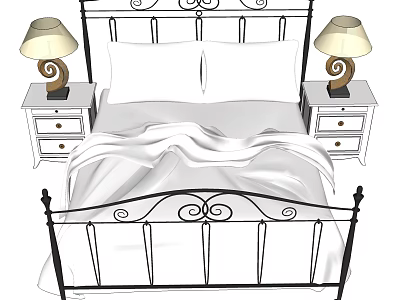 Double Bed with Black Iron Headboard Curved Patterns White Sheets Nightstands and Table Lamps 3d model