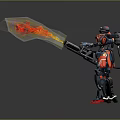 Game Movie Mecha Warrior Character In Blue Red Armor Holding Flaming Weapon