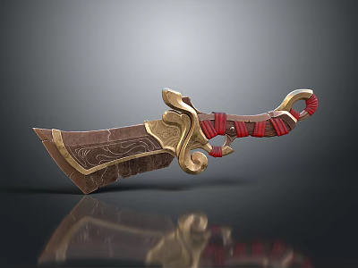 Ancient Decorative Weapon With Dark Blade Golden Ornament And Red Cord Wrapping 3d model