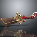 Ancient Decorative Weapon With Dark Blade Golden Ornament And Red Cord Wrapping