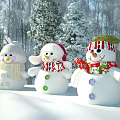 Snowy Winter Garden Landscape With Three Snowmen And Snow Covered Trees