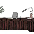 Wooden Office Desk With Laptop Desk Lamp Green Plant Books And Office Chair