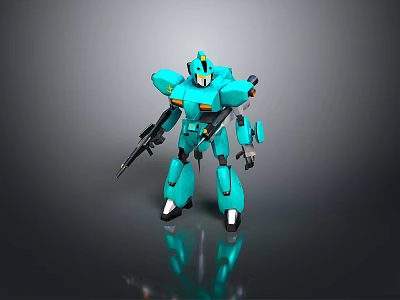 Turquoise Robot Game Movie Character With Weapons In Standing Pose On Reflective Background 3d model