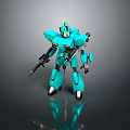 Turquoise Robot Game Movie Character With Weapons In Standing Pose On Reflective Background
