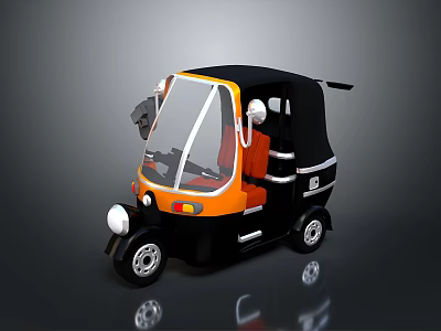 Orange and Black Auto Rickshaw with Transparent Windshield Black Canopy Orange Seats and Wheels 3d model