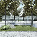 Modern Metal Sculpture In Outdoor Plaza With Green Grass And Trees