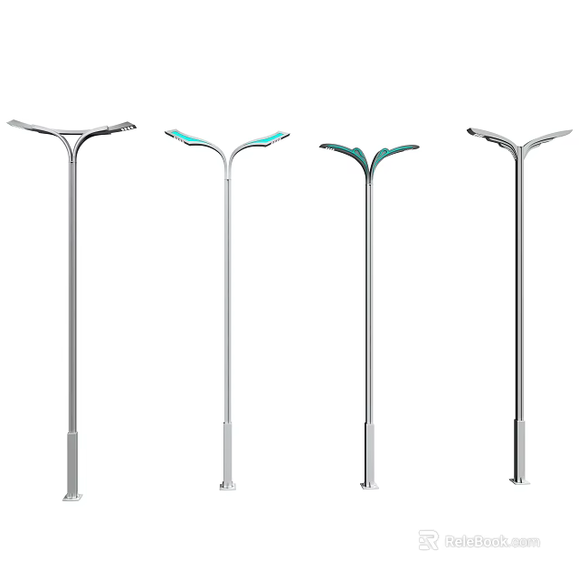Outdoor Street Lights With Four Different Modern Designs And Metal Poles 3d model 