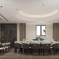 Elegant Private Dining Room With Round Table Circular Ceiling Light And Flower Arrangement 3d model