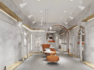 Modern Clothing Store Interior Open Space With Gray Walls Orange Sofa And Mirrors 3d model