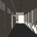 Modern Public Restroom Interior With Wooden Stalls White Tiled Walls Urinals Potted Plant And Wall Clock