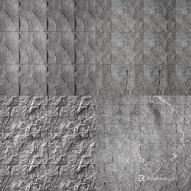 Gray Textured Background Wall With Various Stone Patterns And Panel Designs 3d model 
