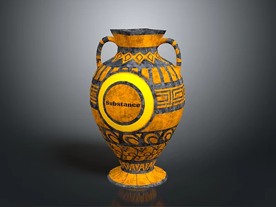 Decorative Vase With Two Handles Yellow Black Color Geometric Patterns And Circular Concentrated Label 3d model