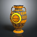 Decorative Vase With Two Handles Yellow Black Color Geometric Patterns And Circular Concentrated Label
