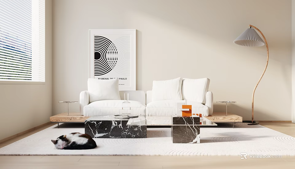 White Two Seater Sofa With Abstract Painting Marble Coffee Table And Cat On Floor 3d model 