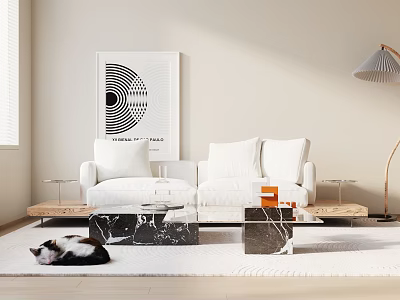 White Two Seater Sofa With Abstract Painting Marble Coffee Table And Cat On Floor 3d model