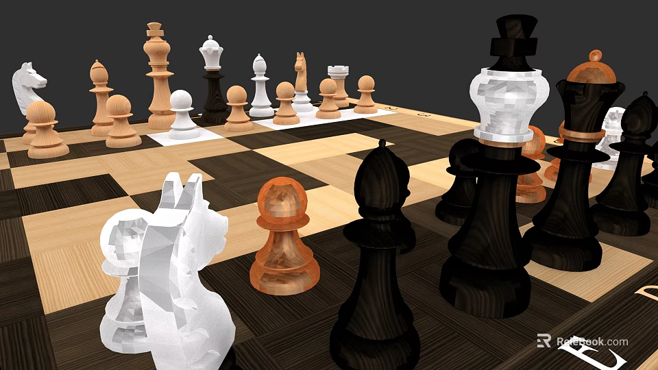 Various Colored Chess Pieces On Wooden Chessboard With Transparent And Brown Designs 3d model 