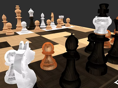 Various Colored Chess Pieces On Wooden Chessboard With Transparent And Brown Designs 3d model