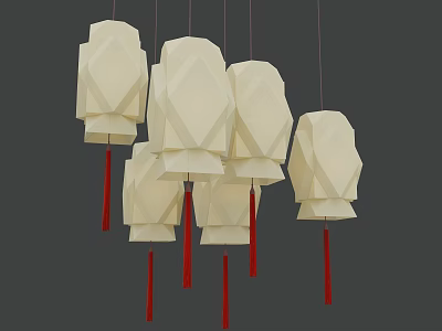 White Geometric Chandeliers With Red Tassels For Modern Interior Design 3d model