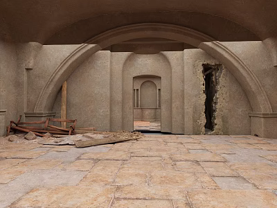 Ancient Arched Interior With Stone Floor Damaged Wall And Scattered Planks 3d model