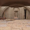 Ancient Arched Interior With Stone Floor Damaged Wall And Scattered Planks 3d model