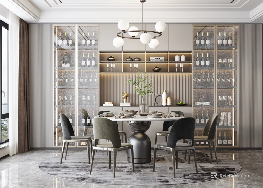Elegant Modern Restaurant Interior With Round Dining Table Gray Chairs And Chandeliers 3d model 