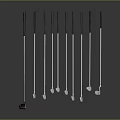 Multiple Golf Clubs Neatly Arranged With Golf Ball On Dark Reflective Background