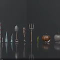 Festive Decorative Objects Including Candy Cane Shovel Fork Green Bottle Pumpkin And Apple