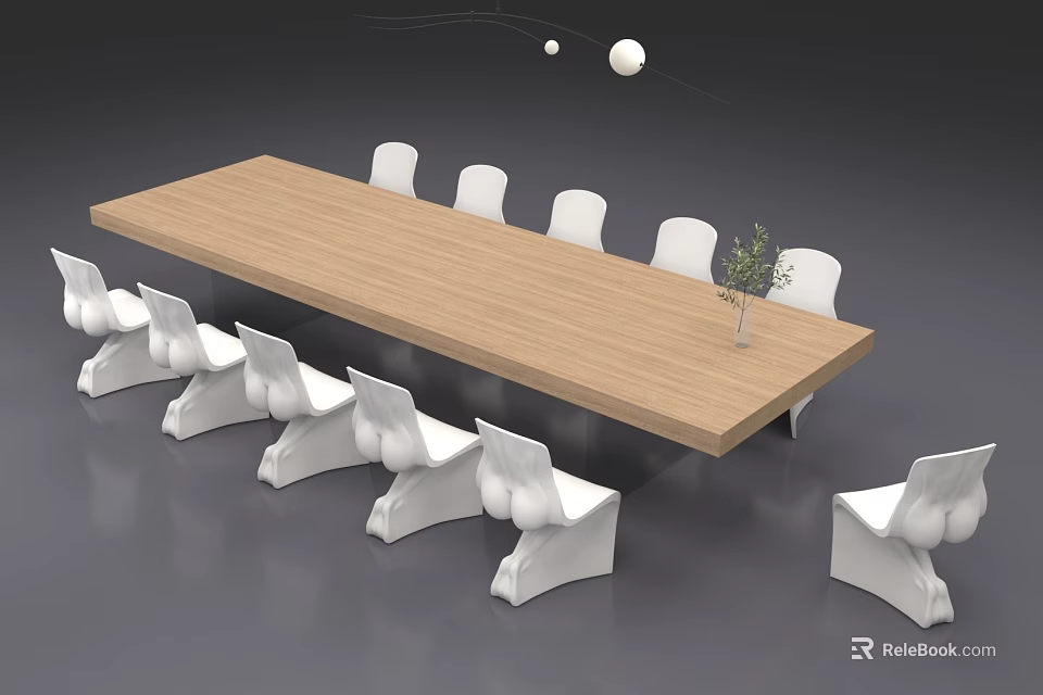 Modern Long Wooden Conference Table With White Chairs And Potted Plant 3d model 