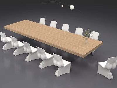 Modern Long Wooden Conference Table With White Chairs And Potted Plant 3d model