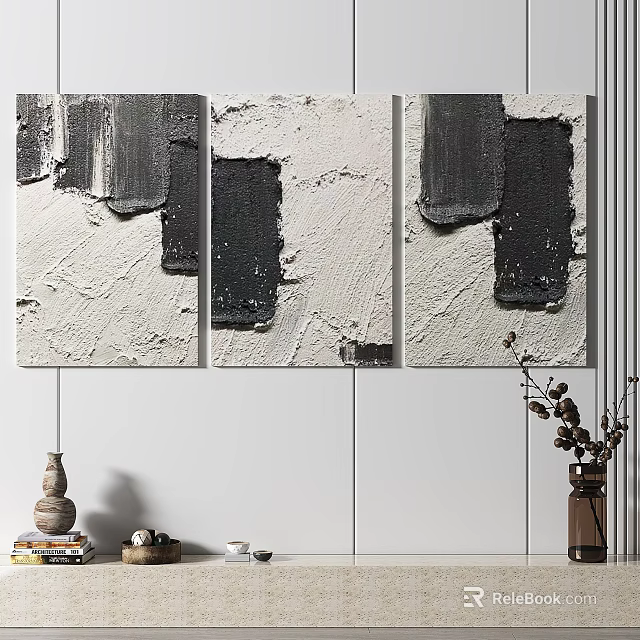 Textured Black White Gray Abstract Canvas Triptych Wall Decor Art 3d model