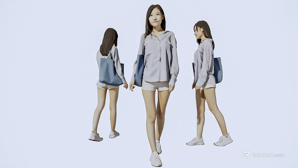Woman Wearing Striped Shirt Shorts and White Shoes with Blue Bag from Different Angles 3d model 