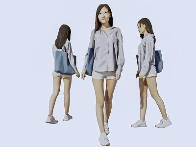 Woman Wearing Striped Shirt Shorts and White Shoes with Blue Bag from Different Angles 3d model