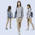 Woman Wearing Striped Shirt Shorts and White Shoes with Blue Bag from Different Angles