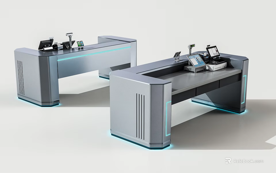 Modern Cashier Counters With Sleek Design Blue LED Lights And POS Equipment 3d model 