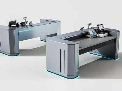 Modern Cashier Counters With Sleek Design Blue LED Lights And POS Equipment 3d model