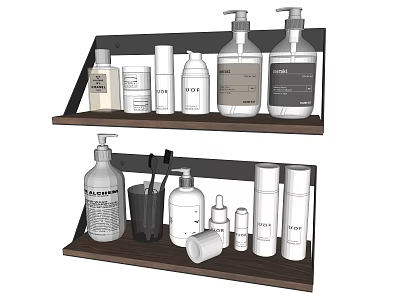 Stylish Bathroom Accessories Displayed On Wooden Shelves With Soap Dispensers Cups And Skincare Bottles 3d model