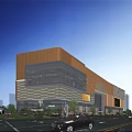 Modern Commercial Complex With Golden Glass Facade Evening Fireworks And Vibrant Pedestrians Vehicles