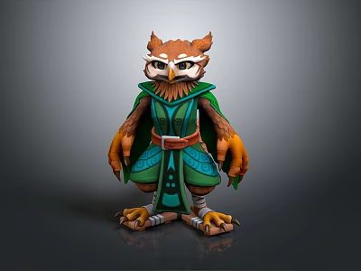 Owl Themed Game Movie Character In Green Cloak With Decorative Outfit 3d model