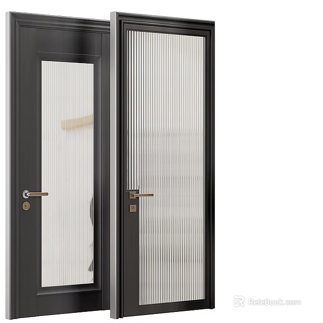 Modern Casement Door With Black Frame Ribbed Glass And Metal Handle 3d model 