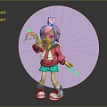 Pink Haired Cartoon Character With Cute Green Bird And Star Decorations