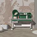 Children's Green Desk With Circular Storage And Toys Near Leaf Pattern Wallpaper