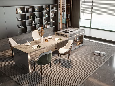 Modern Dining Room Interior With Marble Table Green White Chairs Bookshelf Large Window And Blinds 3d model