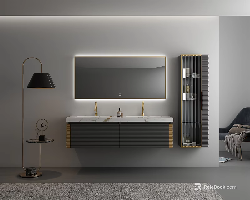 Modern Bathroom Vanity With Double Sinks Mirror And Storage Cabinet 3d model 
