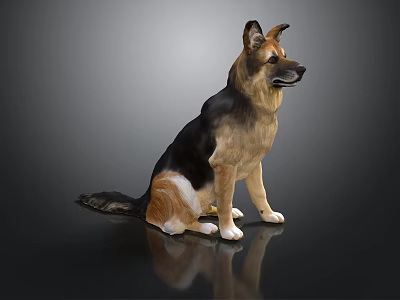 Realistic German Shepherd Dog Sitting On Black Background With Surface Reflection 3d model