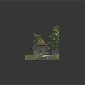 Charming Cartoon Scene With Thatched Roof Cottage Green Grass And Trees