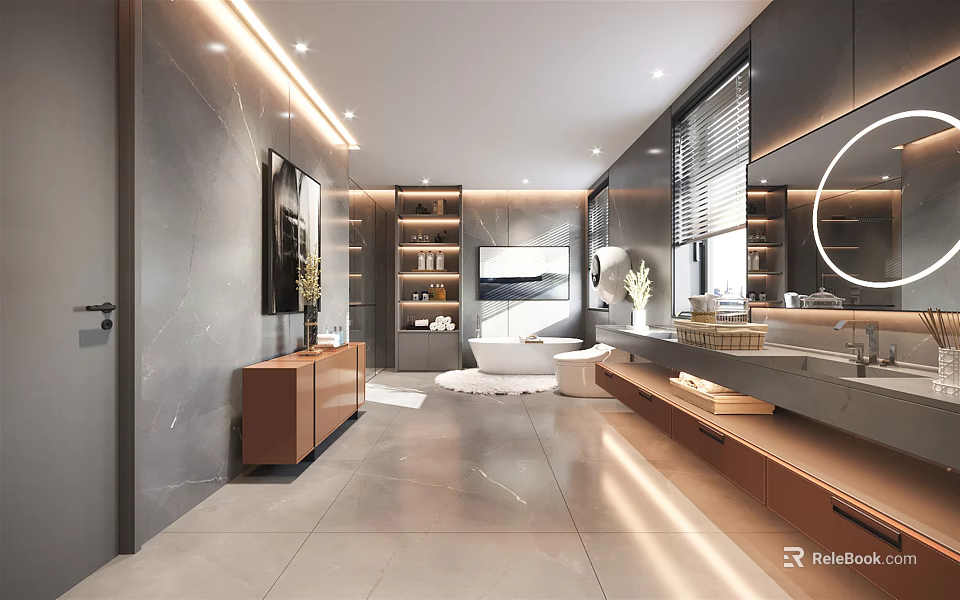 Modern Luxury Bathroom With Marble Walls Double Vanity Bathtub Mirror Wooden Cabinets And Recessed Lighting 3d model 