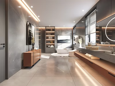 Modern Luxury Bathroom With Marble Walls Double Vanity Bathtub Mirror Wooden Cabinets And Recessed Lighting 3d model