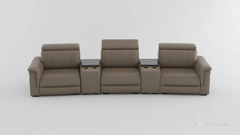 Brown Leather Three Seat Sofa Set With Console Tables Modern Design 3d model