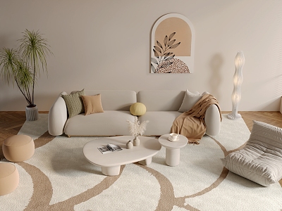 Cream wind sofa coffee table combination carpet hanging picture green plant floor lamp 3d model