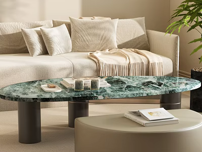 Beige Sofa with Pillows Tassel Blanket and Oval Green Marble Coffee Table with Black Legs 3d model